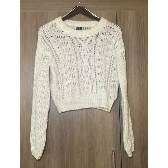 Moon & Madison Womens White Crop Cable Open Knit Sweater Cottage Fairy Layer - Picture 1 of 6